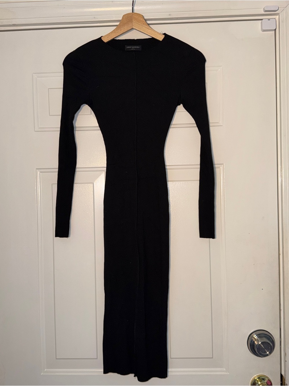 Naked Wardrobe Black Long-Sleeve Ribbed Knit Midi Dress. Sz M. body con